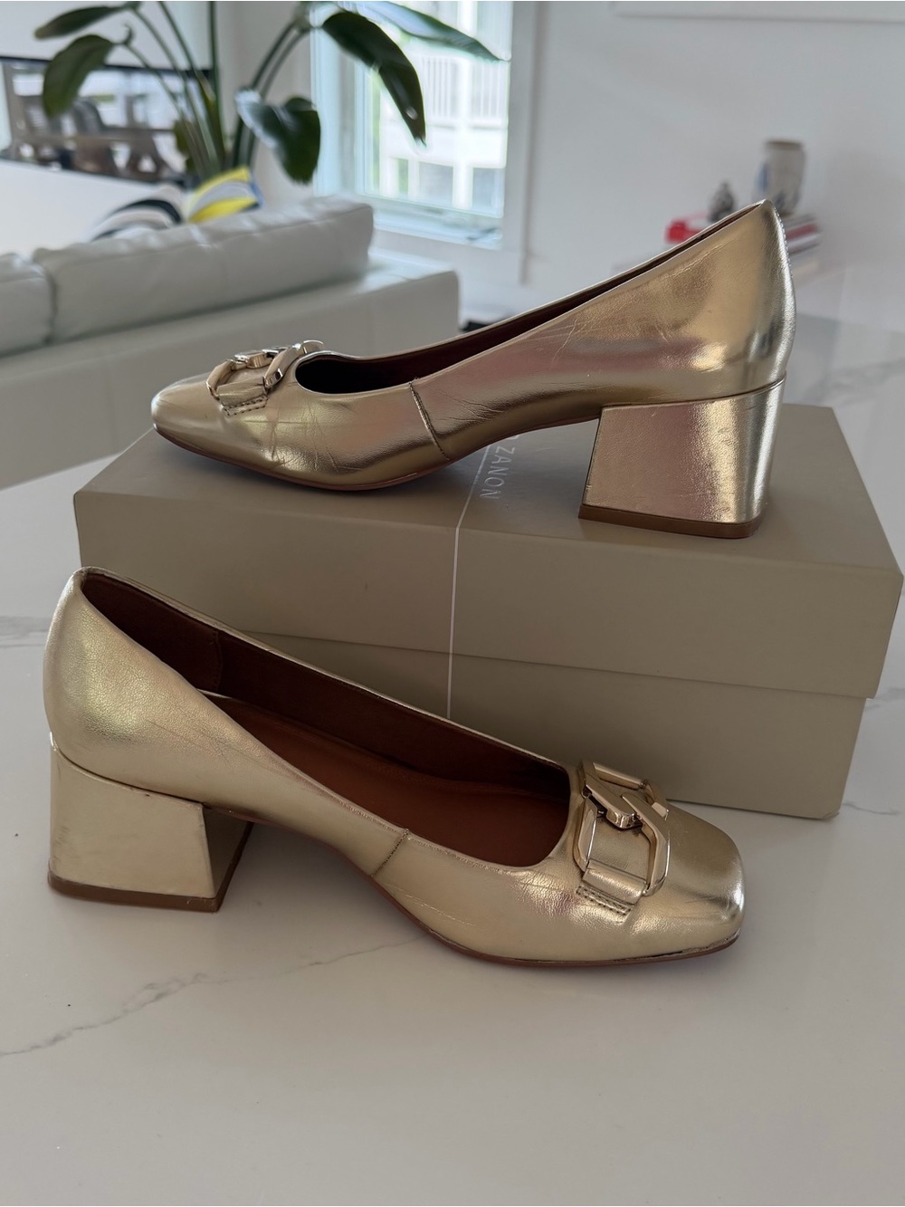 ASOS Metallic Gold Block Heel Loafers with Buckle